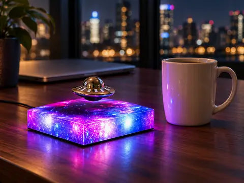 On a desk at night next to a coffee mug