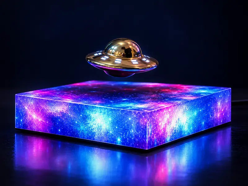 Side view of the UFO hovering above the glowing base, a clear gap between them