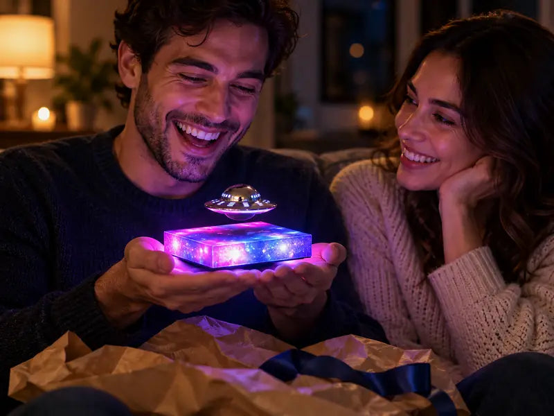 A man laughing as he unwraps the lamp
