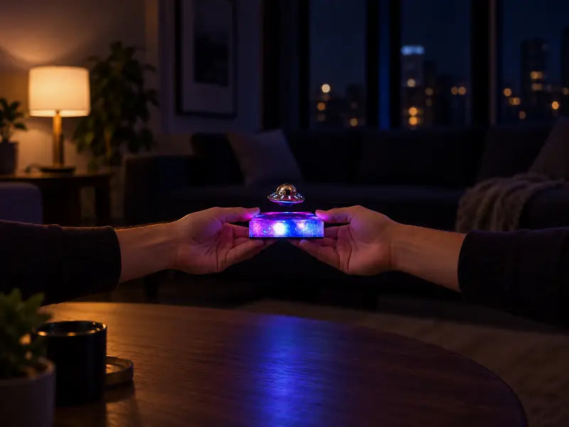 The lamp held in two hands, for scale