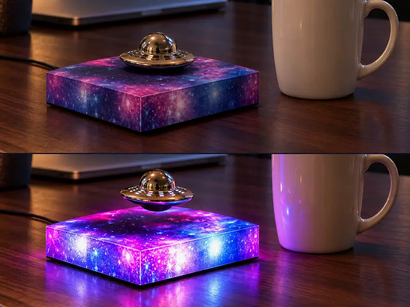 The same desk twice: on top the lamp is off and the UFO rests on the dark base; below it is plugged in, the UFO floats and the base glows