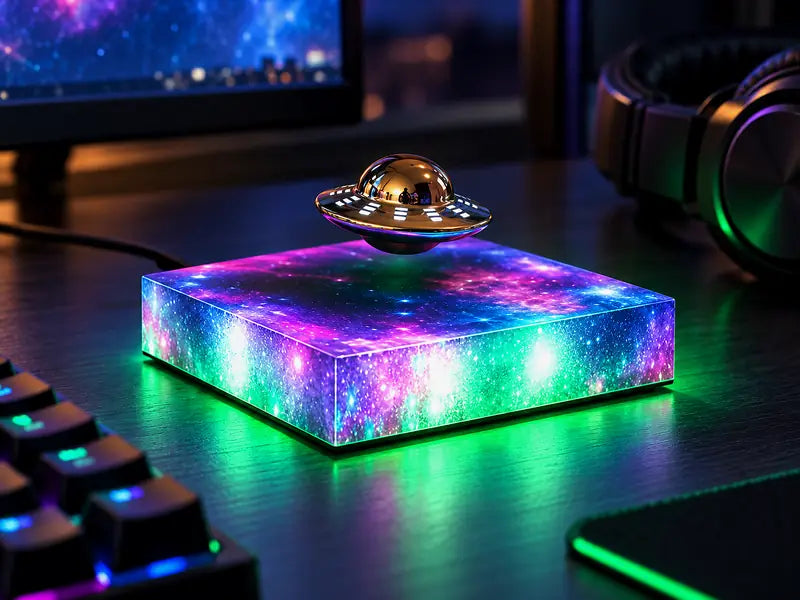 The UFO lamp glowing green next to a keyboard and headphones