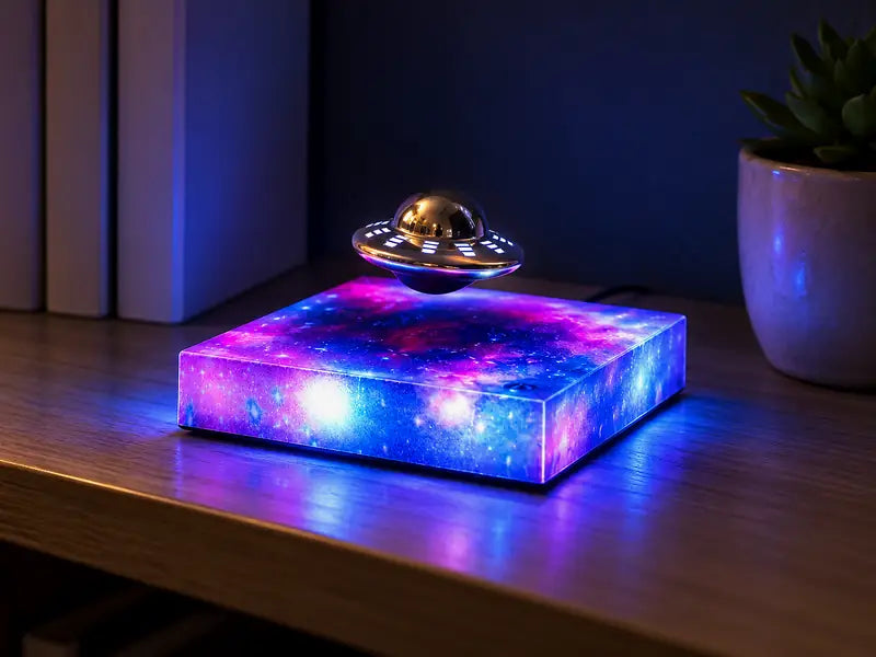 The UFO lamp on a wooden shelf with books and a plant