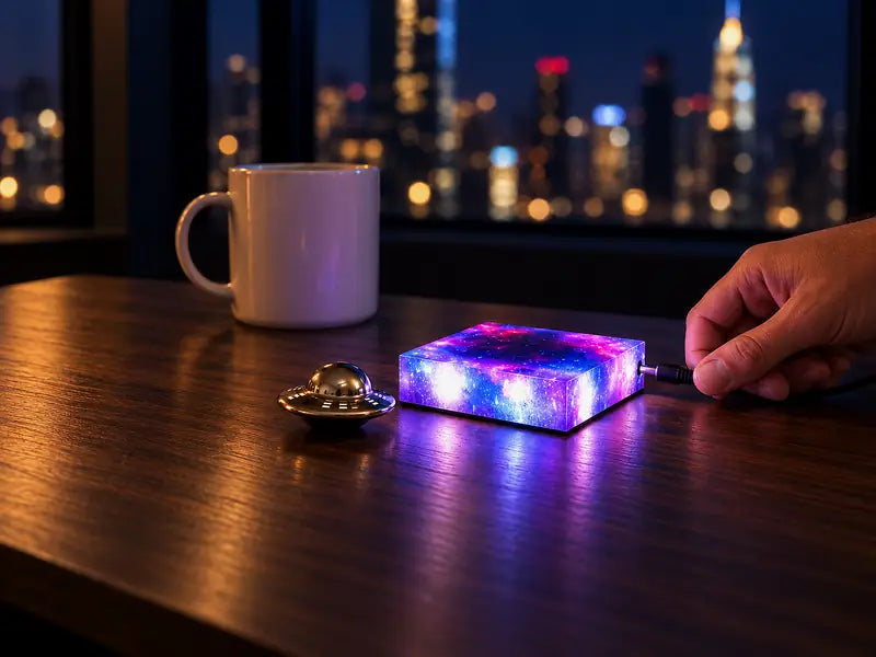 A hand plugging the cable into the glowing base