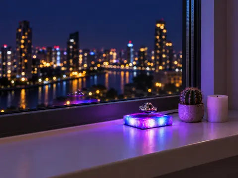 The lamp on a windowsill at dusk