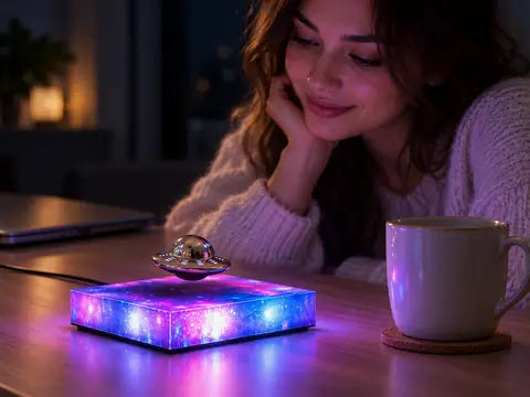 A woman smiling at the floating lamp on her desk