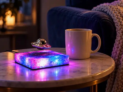 On a side table next to a mug