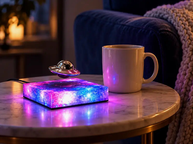 The UFO lamp glowing pink on a side table next to a mug and an armchair